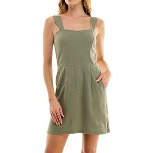 New Socialite Linen Blend Sweetheart Neck Mini Dress Olive Green Size Medium